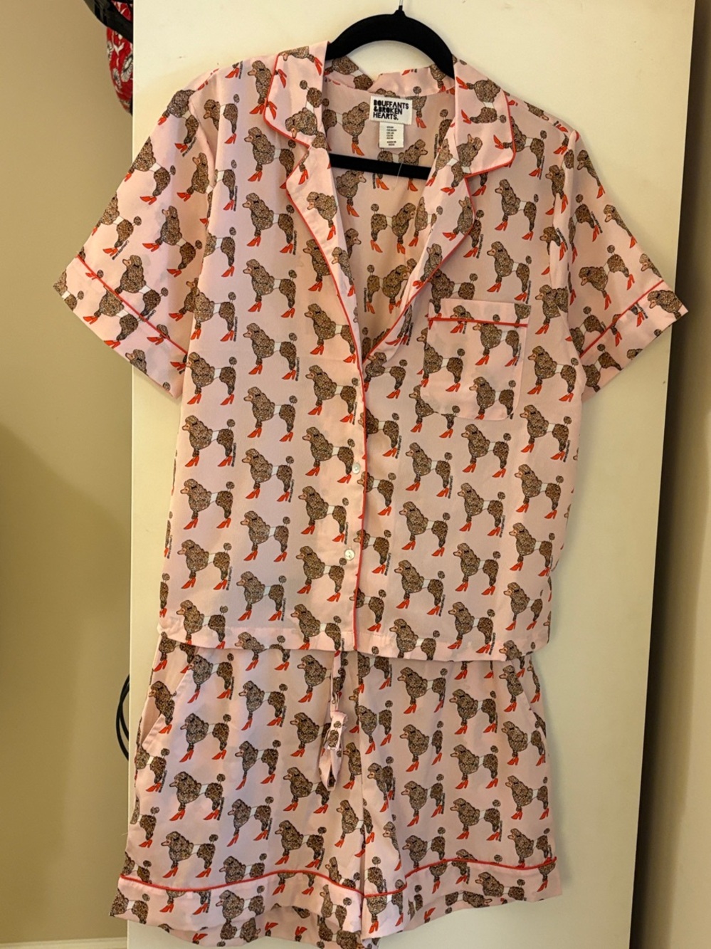 Poodle-Print Short Pajama Set with Coral Trim - Women’s Pink Lounge Set